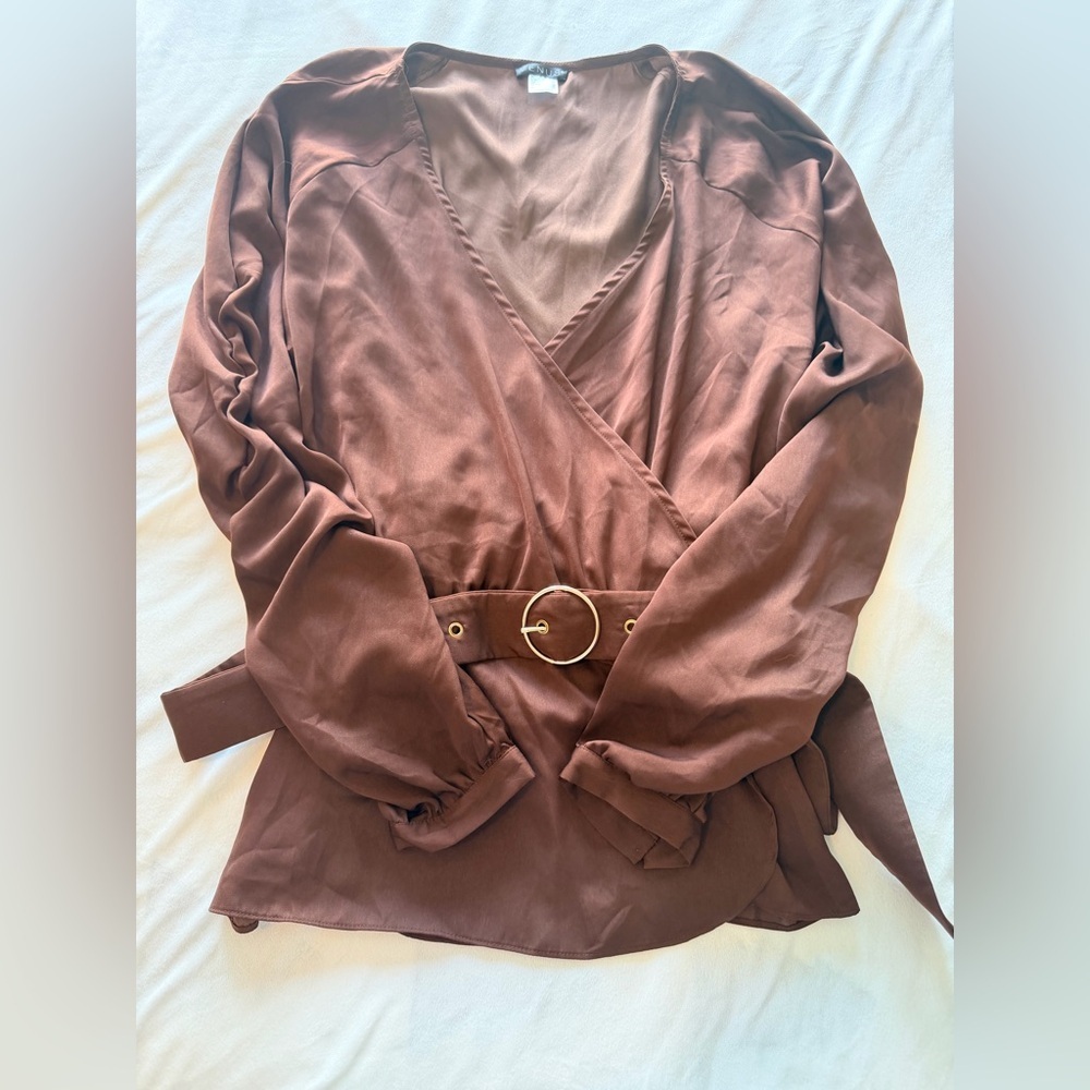 Venus Brown Satin Wrap Blouse Belted Surplice Top Size 24